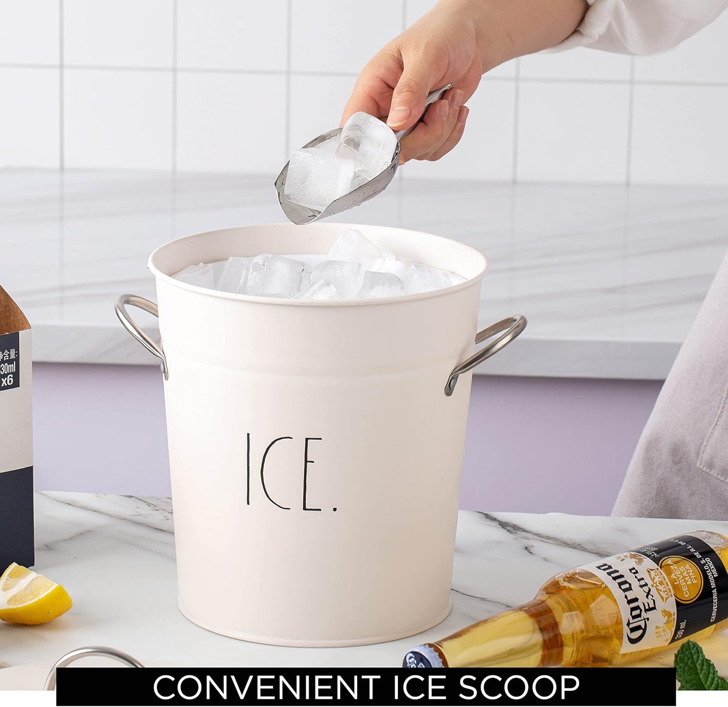 Rae Dunn Ice Bucket with Scoop - Stainless Steel Bucket with Handle, Lid and Ice Scooper - 4 Qt. Storage Bin for Ice Cubes for Bars, Parties, Backyard Barbeques, Picnics, and Camping (Sage)