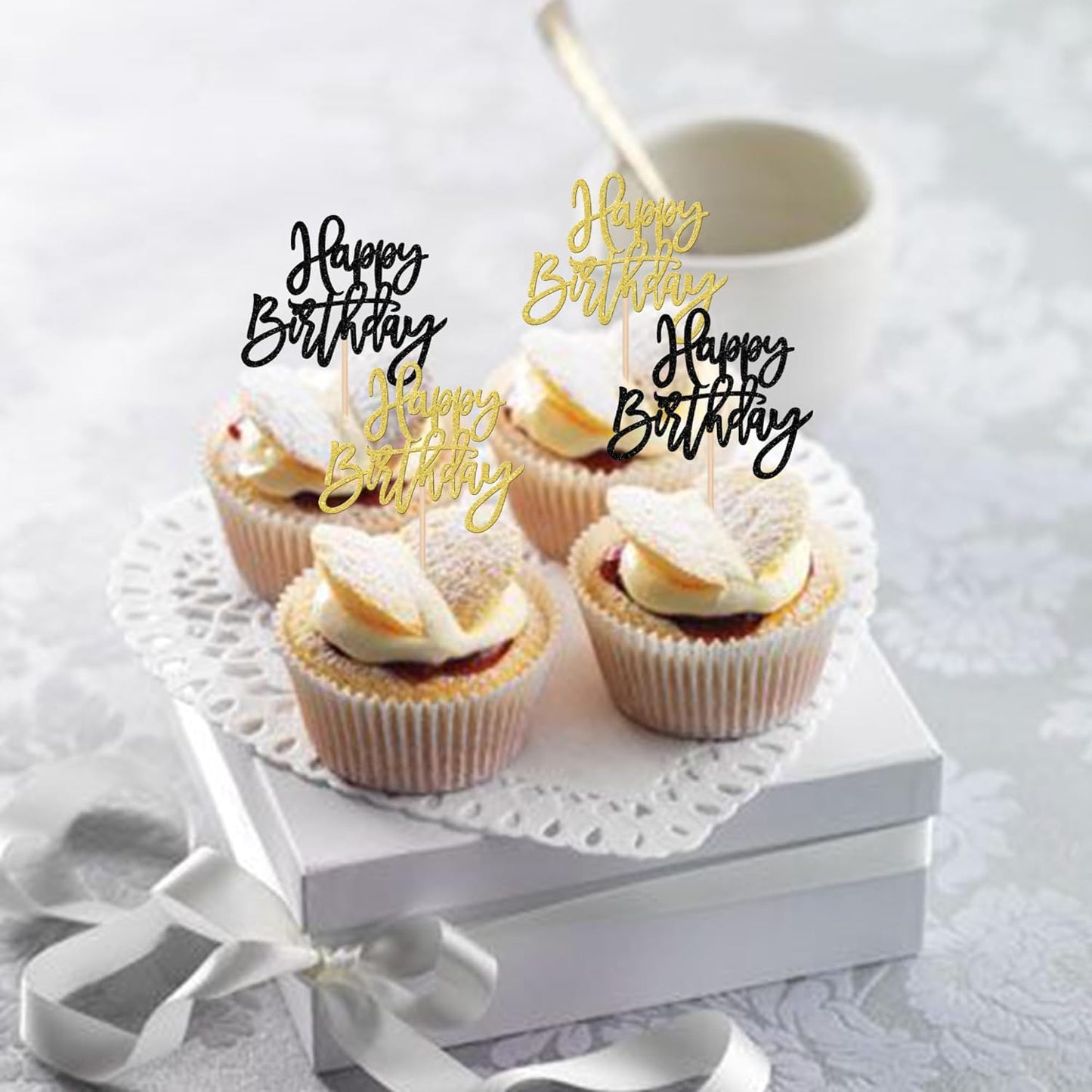 24 PCS Happy Birthday Cupcake Toppers Glitter Picks for Celebrating Anniversary Theme Party Cake Decorations Supplies Gold