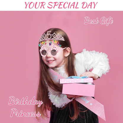 YARIEW 3rd Birthday Decorations, 3rd Glitter Purple Sash and Crown Kit with Happy Birthday Sunglasses, Tiara Princess Crown and Sash Party Outfit Accessory