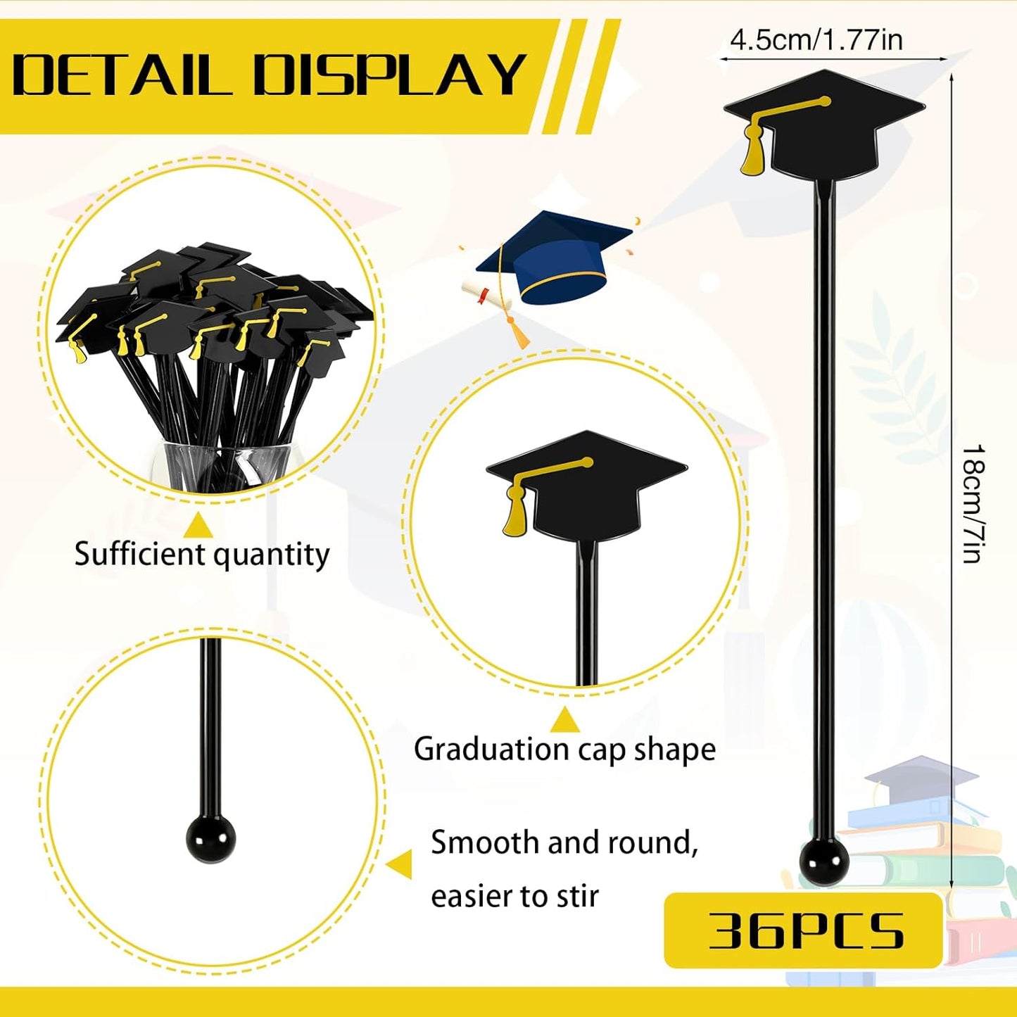 36 Pcs Graduation Cap Drink Stirrers Graduation, Cap Stick Cocktail Mixers 2026 Graduation Party Favors Hot Cocoa Bar Supplies Beverage Tea Party Bar Supplies Party Favor