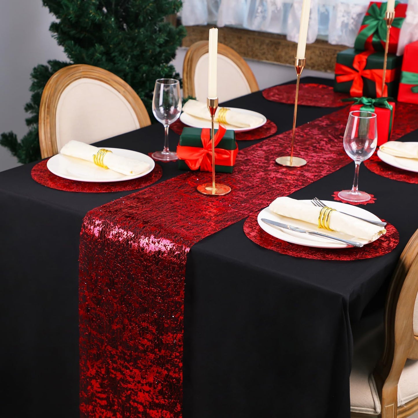 Snowkingdom 2 Pieces Gold Table Runner, Sequin Glitter Foil Metallic Thin Mesh Runner Roll 11"x108", Gold Table Decorations for Event Party, Wedding, Birthday Party, Christmas