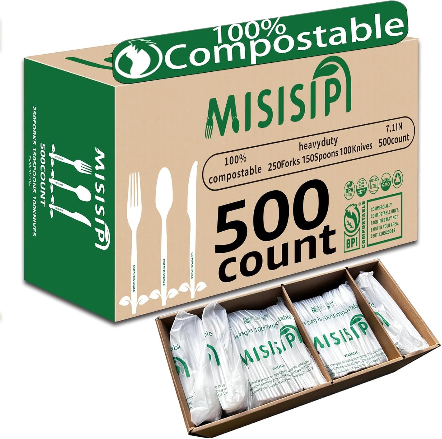 MISISIPI 150-Count Compostable Utensils Set - Heavy Duty BPI Certified, Plastic-Free Disposable Forks, Spoons, Knives for BBQ, Camping, Events, Plant-Based Cutlery