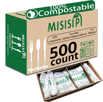 MISISIPI 150-Count Compostable Utensils Set - Heavy Duty BPI Certified, Plastic-Free Disposable Forks, Spoons, Knives for BBQ, Camping, Events, Plant-Based Cutlery