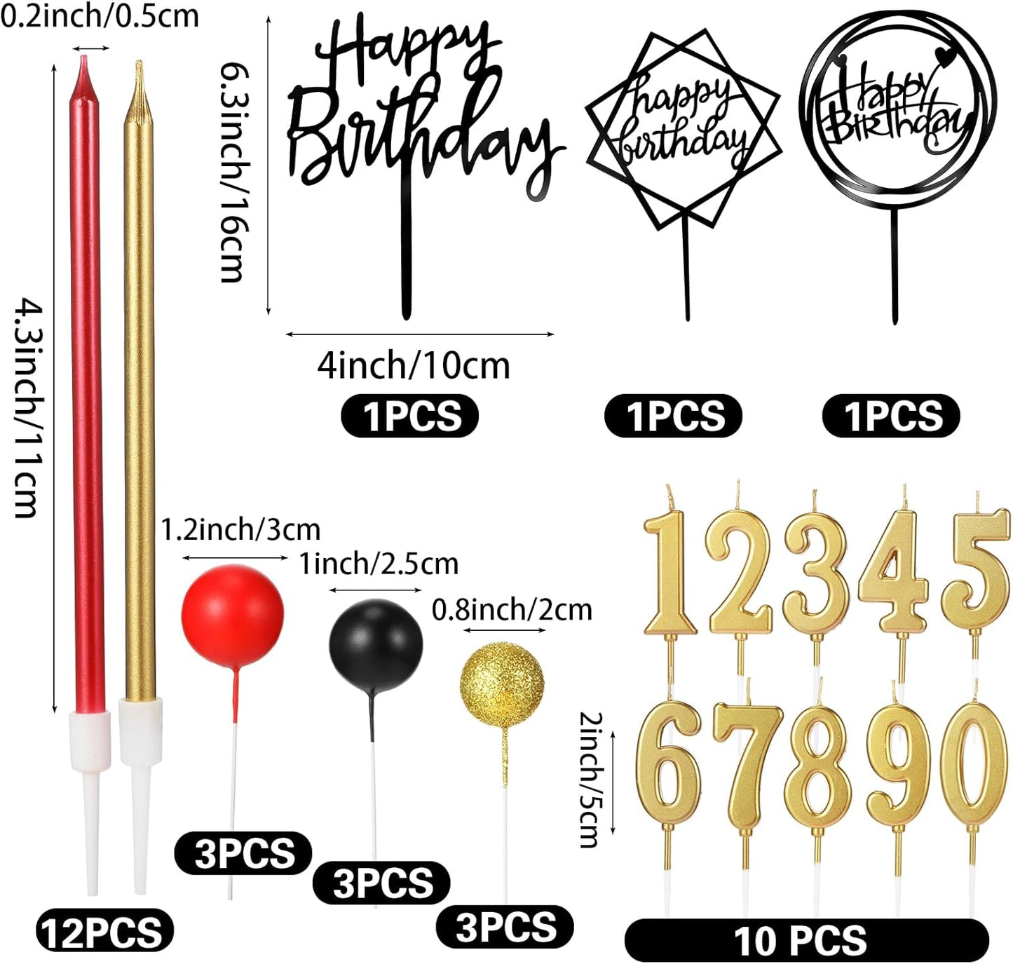 Yerliker 34 Pcs Happy Birthday Cake Toppers Decorations Birthday Candles DIY Cake Decor for Men Women Wedding Anniversary(Gold)