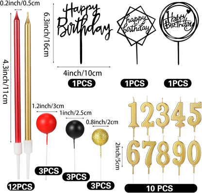 Yerliker 34 Pcs Happy Birthday Cake Toppers Decorations Birthday Candles DIY Cake Decor for Men Women Wedding Anniversary(Gold)