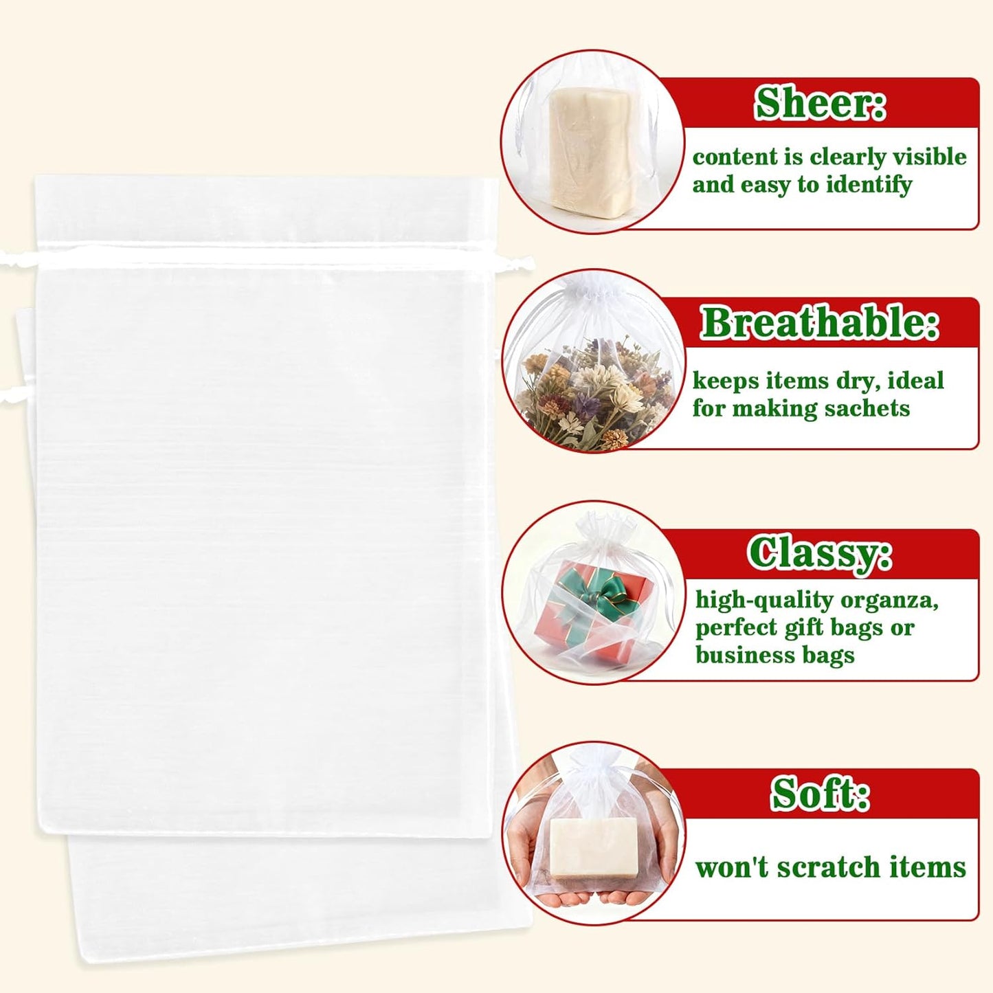 Sukh 100pcs Organza Bags 5''x7'' - White Sheer Mesh Drawstring Bags for Jewelry, Soap, Fruits, Candy, Small Gift Bags for Weddings, Valentine's Day, Mother's Day, Halloween, Thanksgiving, Christmas