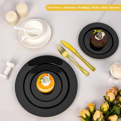 Goodluck 200PCS Gold Plastic Plates, Heavy Duty Disposable Gold Plates with 100 10.25 inch Dinner Plates and 100 7.5 inch Dessert Plates for Party, Holiday, Wedding, Thanksgiving