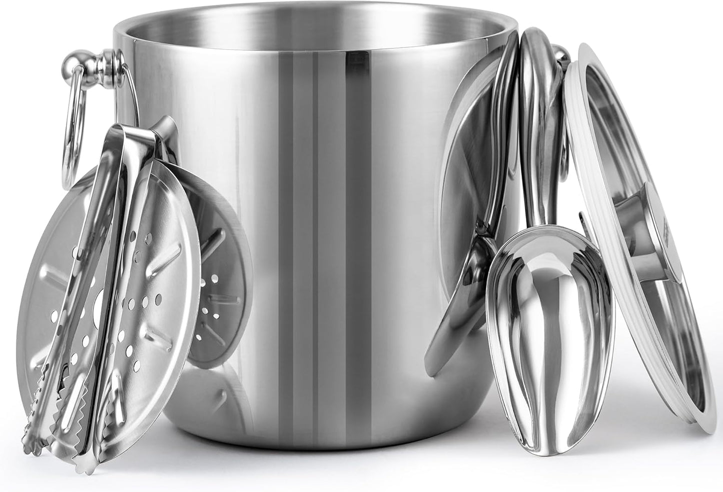 Insulated Ice Bucket, 3L Double Wall Stainless Steel Ice Bucket with Tongs,Lid, Scoop and Strainer, Ice Buckets for Parties,Cocktail Bars, Chilling Beer, Champagne, Wine Bottles,Wood