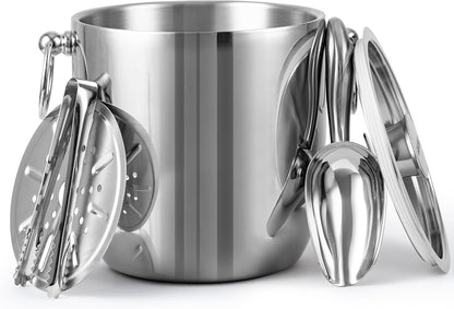 Insulated Ice Bucket, 3L Double Wall Stainless Steel Ice Bucket with Tongs,Lid, Scoop and Strainer, Ice Buckets for Parties,Cocktail Bars, Chilling Beer, Champagne, Wine Bottles,Wood