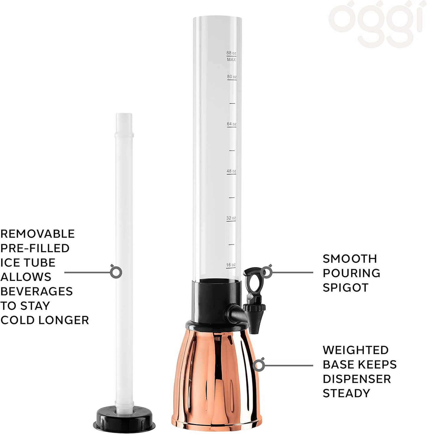OGGI Beer Tower 88oz - Beverage Dispenser with Spigot & Ice Tube, Margarita Tower, Mimosa Tower, Perfect Drink Dispensers for Parties, Drink Tower, Holds 6 Pints of Beer – Stainless