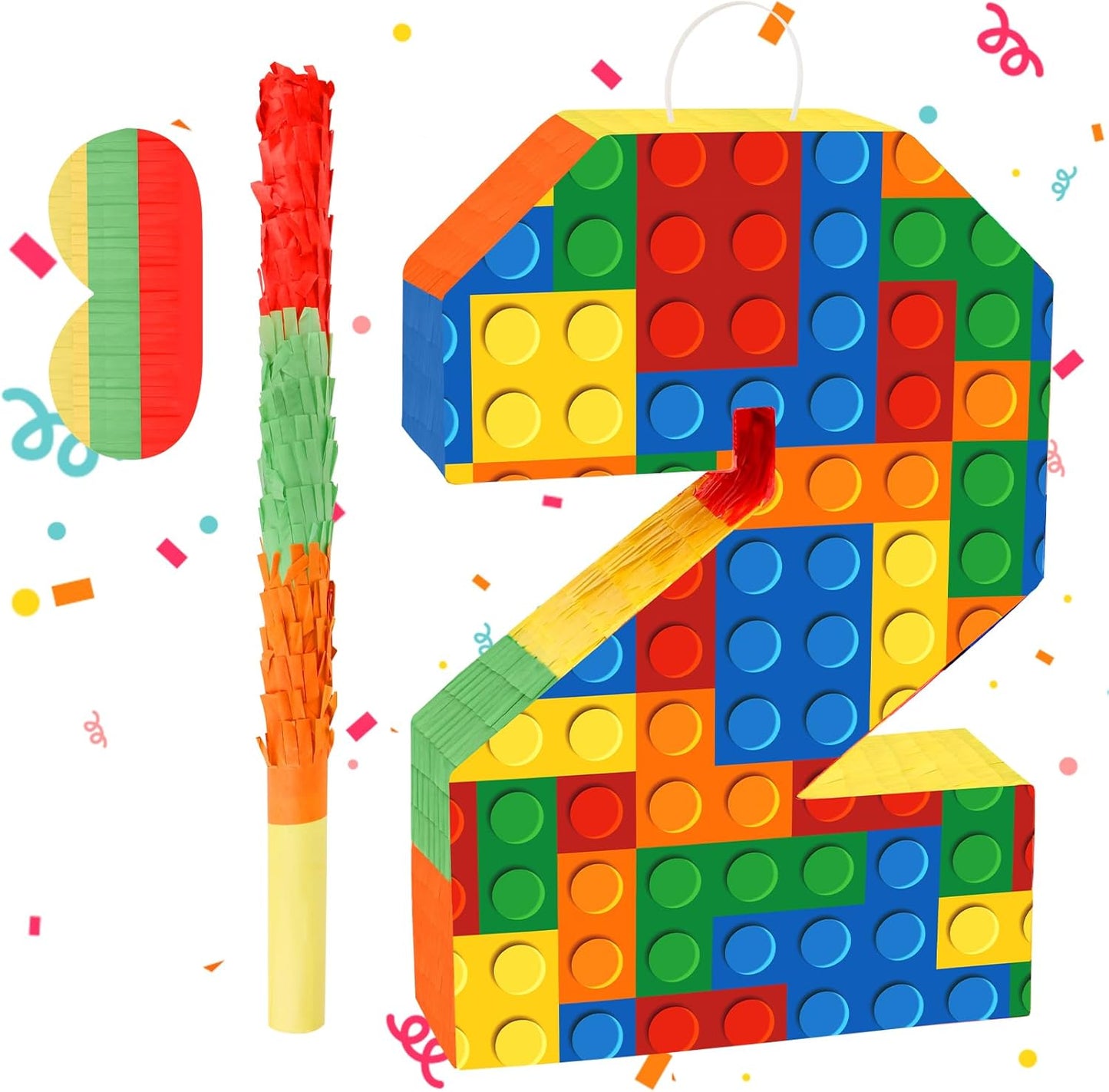 Number 7 Pinata Building Blocks with Pinata Stick Blindfold 7th Birthday Party Decorations Happy Birthday Building Block Theme Anniversary Party Supplies for Kids (Small, 16 x 10.6 x 3 in)