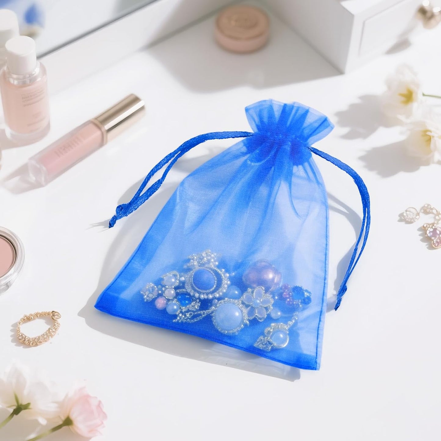 joycraft 50Pcs Organza Bags, 2x3 inch Gift Favor Bags, White Wedding Favor Bags, Jewelry Pouches with Drawstring, Mesh Bags Drawstring for Jewelry, Festival, Makeup, Candy, Desserts