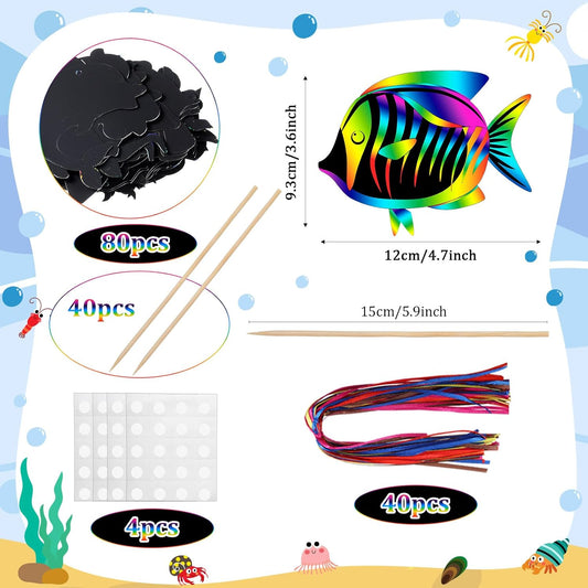 Motionchic 80 Pieces Tropical Fish Scratch Card for Kids Rainbow Ocean Fish Paper Crafts Sea Animal Ornament Under the Sea Party Favors with Wooden Stick and Ribbon for Summer Party DIY Supplies