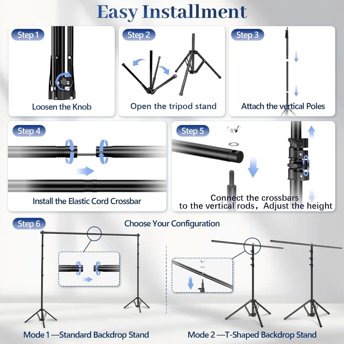 EMART 3-in-1 Backdrop Stand Kit 10x8 ft for Photography Studio, T-Shape Banner Back Drop Stand for Party, Wedding, Dectoration, Background Stand for Photo Video Studio with Carry Bag, 8 Clamps