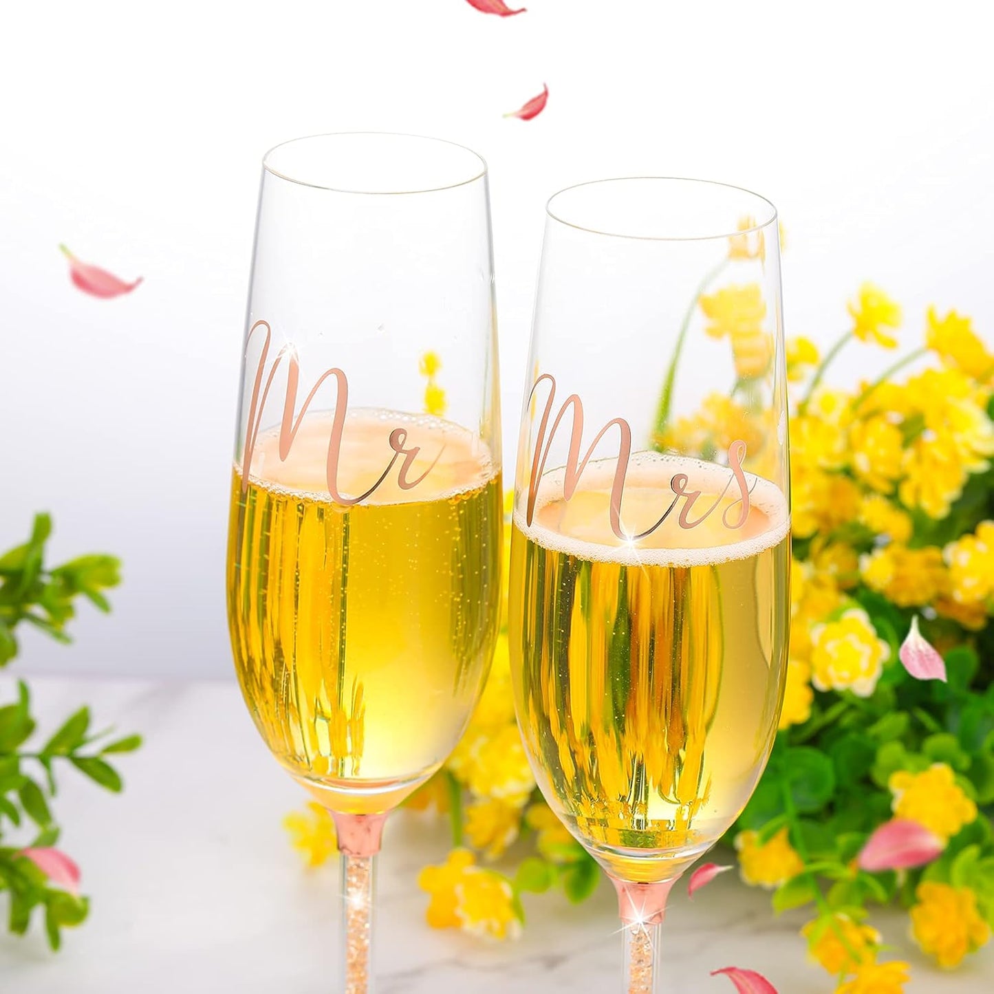 Boao 4 Piece Wedding Cake Knife and Champagne Flutes Server Set Mr and Mrs Toasting Flutes Crystal Rhinestone Cake Cutting Set for Bride and Groom Wedding Engagement Bridal Shower Gifts(Silver)