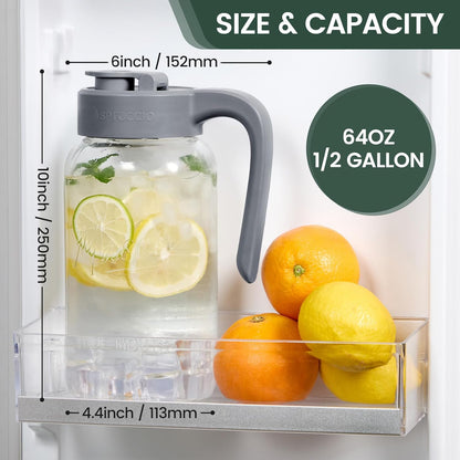 Mason Jar Pitcher - Airtight & Leakproof Glass Pitcher with Lid, Perfect for Breastmilk, Cold Brew, and Sun Tea, 2 Quart (64 oz) 1/2 Gallon Mason Jar with Pour Spout Lid