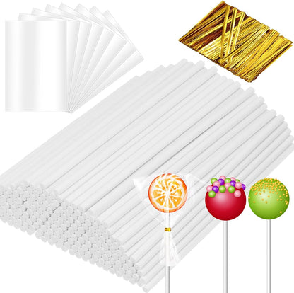Roowest 1600 Pcs Cake Pop Sticks and Wrappers Kit Including 400 Cake Pop Sticks 400 Clear Candy Treat Bags 800 Gold Metallic Twist Ties for Candy Chocolate Suckers Making(3.94 x 0.12 Inches)