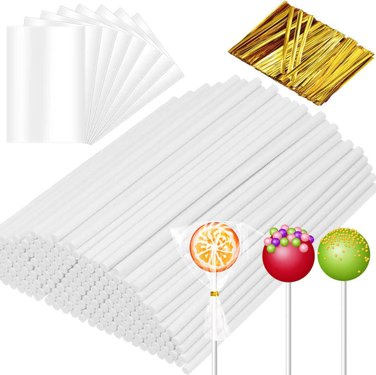 Roowest 1600 Pcs Cake Pop Sticks and Wrappers Kit Including 400 Cake Pop Sticks 400 Clear Candy Treat Bags 800 Gold Metallic Twist Ties for Candy Chocolate Suckers Making(3.94 x 0.12 Inches)