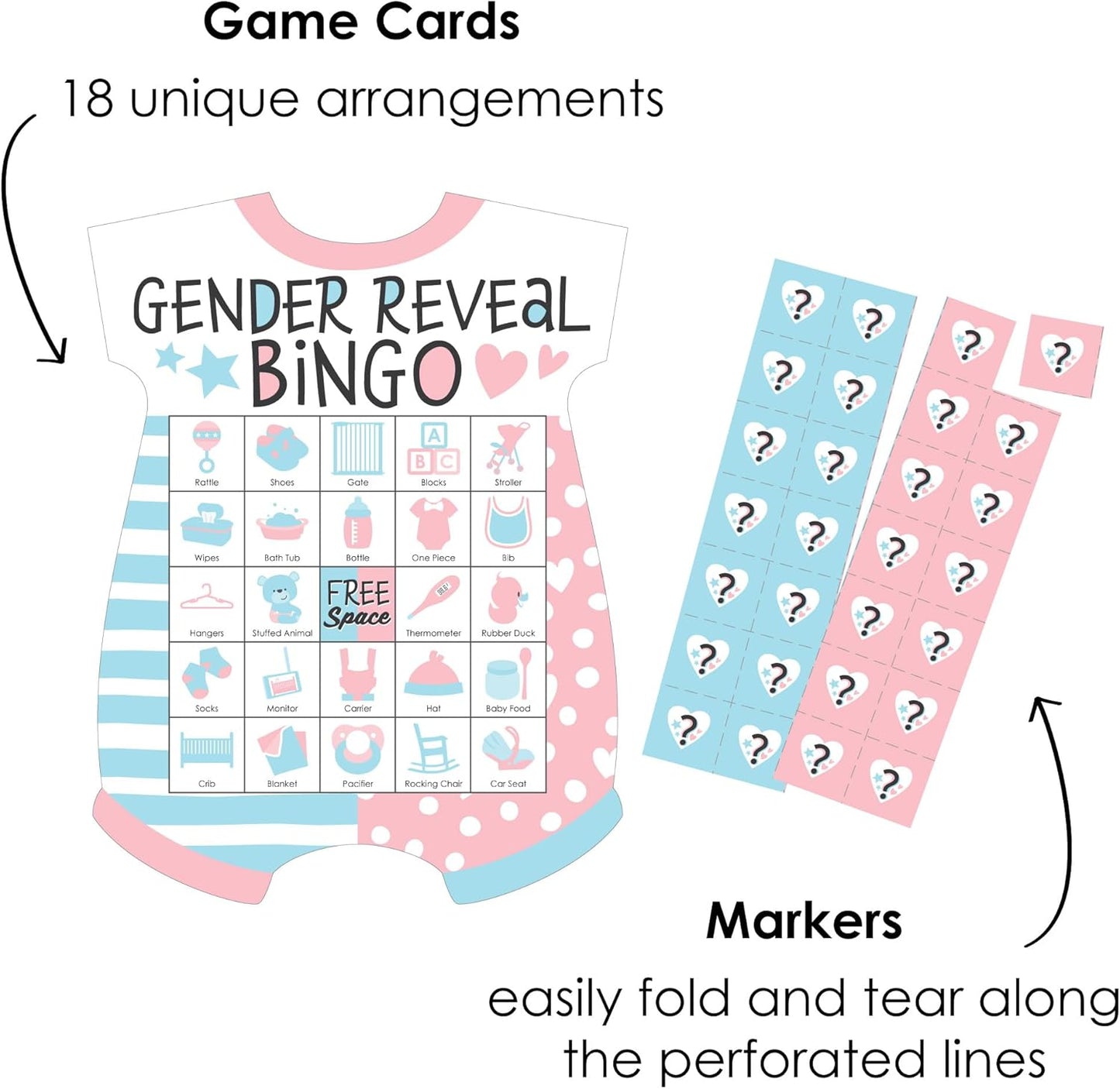 Big Dot of Happiness Gender Reveal Party Bingo Game - Baby Bodysuit-Shaped Picture Bingo Cards with Markers, Interactive Team Boy or Girl Baby Shower Activity