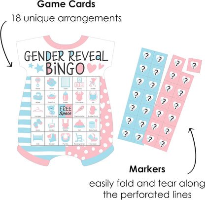 Big Dot of Happiness Gender Reveal Party Bingo Game - Baby Bodysuit-Shaped Picture Bingo Cards with Markers, Interactive Team Boy or Girl Baby Shower Activity
