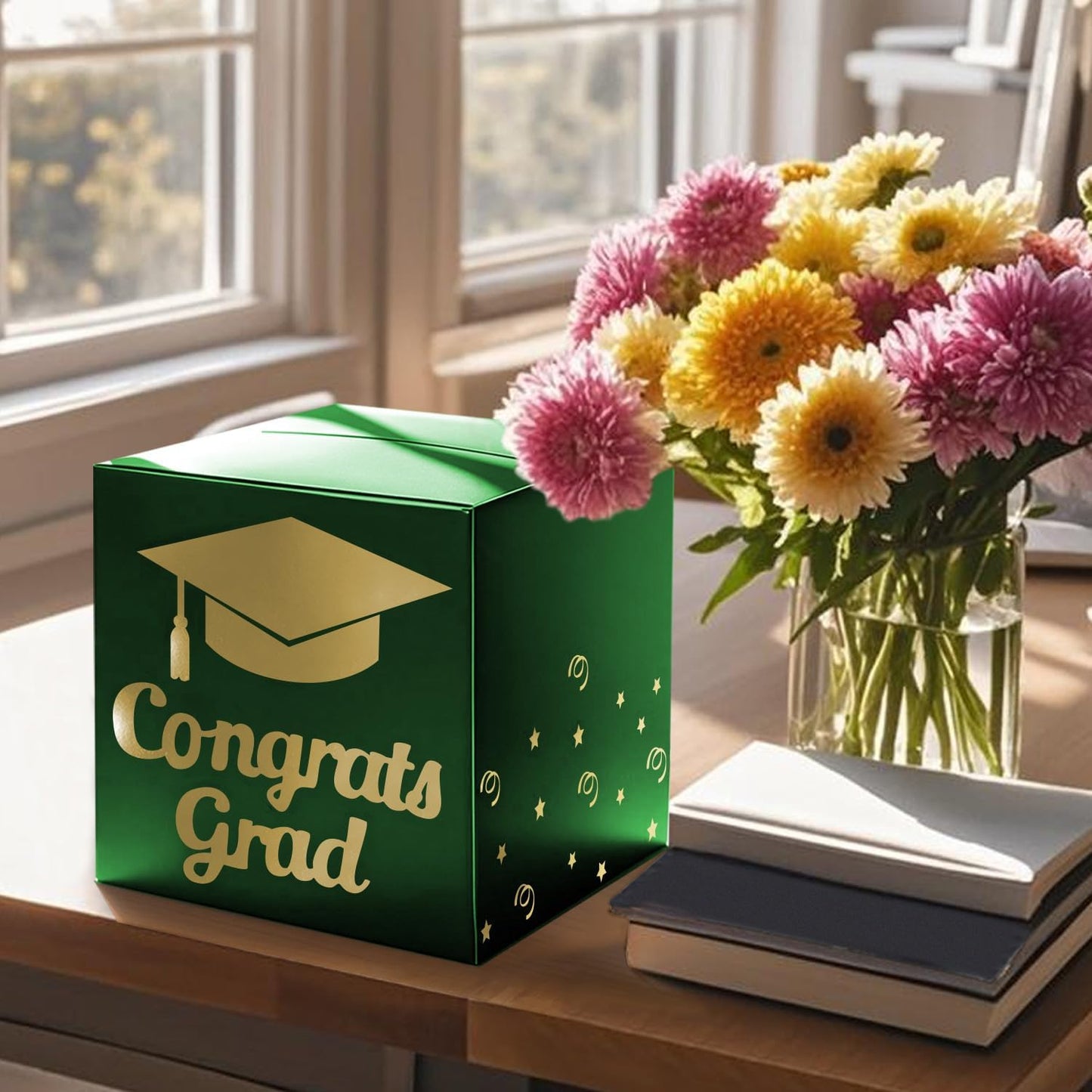Graduation Card Box Holder, Congrats Grad Foldable Cardboard Decorations Box for Graduation Party Decoration and Grad Parties (Black)