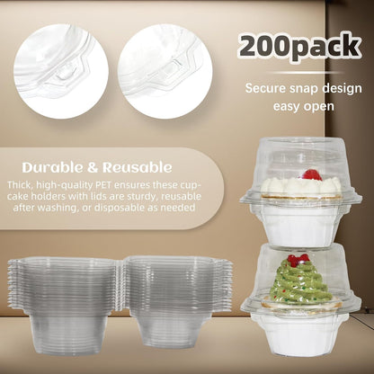 WIKDAY 50 Pcs Individual Cupcake Containers, Clear Plastic Cupcake Holders with Lids, Spacious 3" Design for Frosted Cupcakes, Stackable & Reusable for Parties, Baking, Picnics