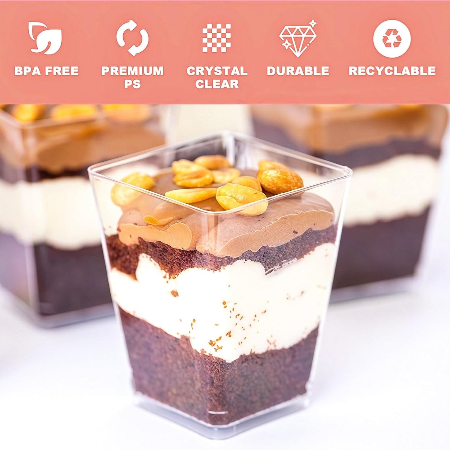 Zezzxu 3 oz Square Mini Dessert Cups with Spoons - 50 Pack Plastic Pudding & Parfait Cups Party Dessert Shooters for Serving Trifle Mousse Cake Appetizers