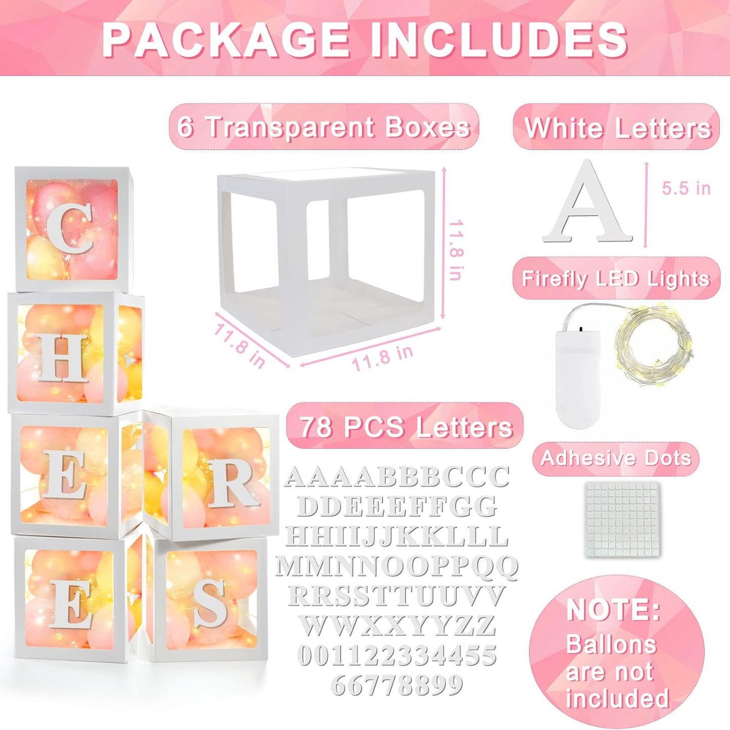 Ledido Transparent Balloon Boxes, Clear Balloon Boxes with 5 Pcs String Lights and 78 Letters for Baby Shower Gender Reveal 2026 New Year Grad Party Birthday Anniversary Bridal Decor - 5 White Boxes