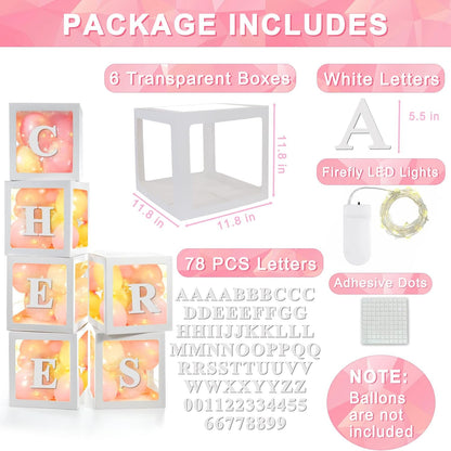 Ledido Transparent Balloon Boxes, Clear Balloon Boxes with 5 Pcs String Lights and 78 Letters for Baby Shower Gender Reveal 2026 New Year Grad Party Birthday Anniversary Bridal Decor - 5 White Boxes