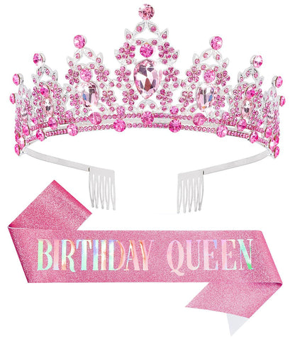 Birthday Tiara Crown with Sash for Women, Headband Hair Accessories for Wedding Party Costume