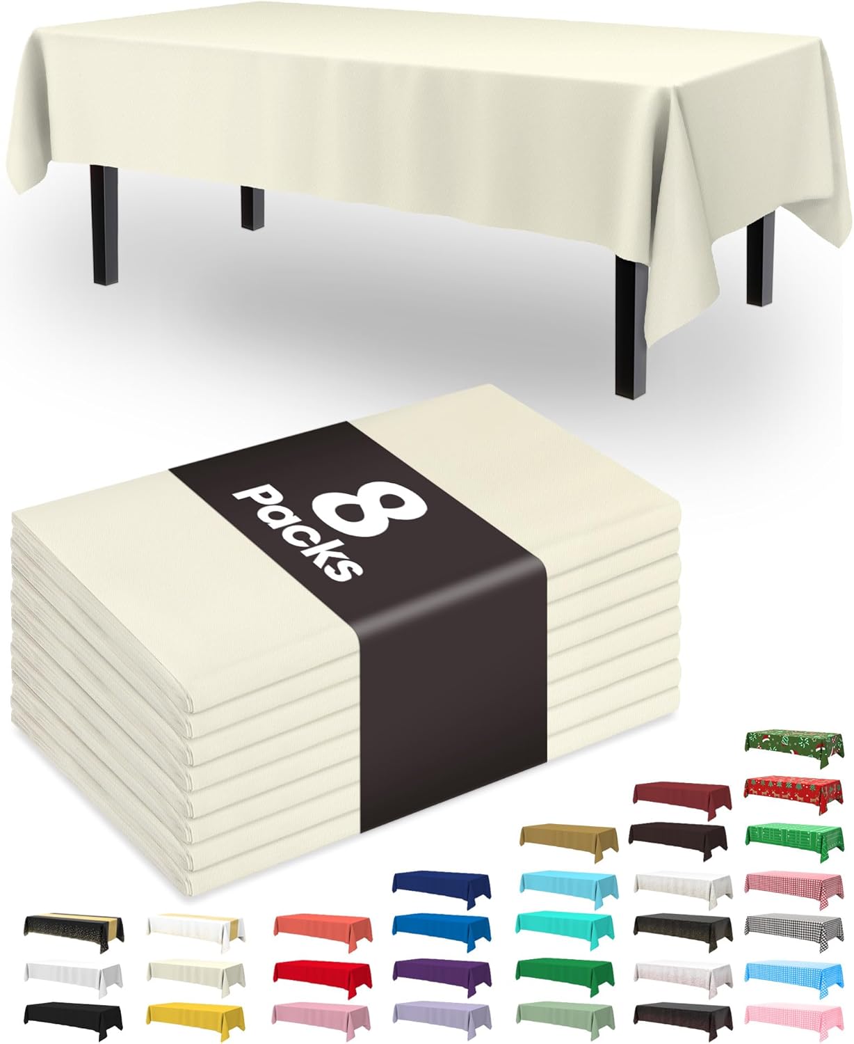 Pureegg Plastic Table Cloth Disposable 8 Pack, 54 x 108 Inch Table Cloths, Party, Picnic, Wedding, Decorative Tablecloths, Rectangle, White Plastic Cover, Leakproof & Sturdy, White