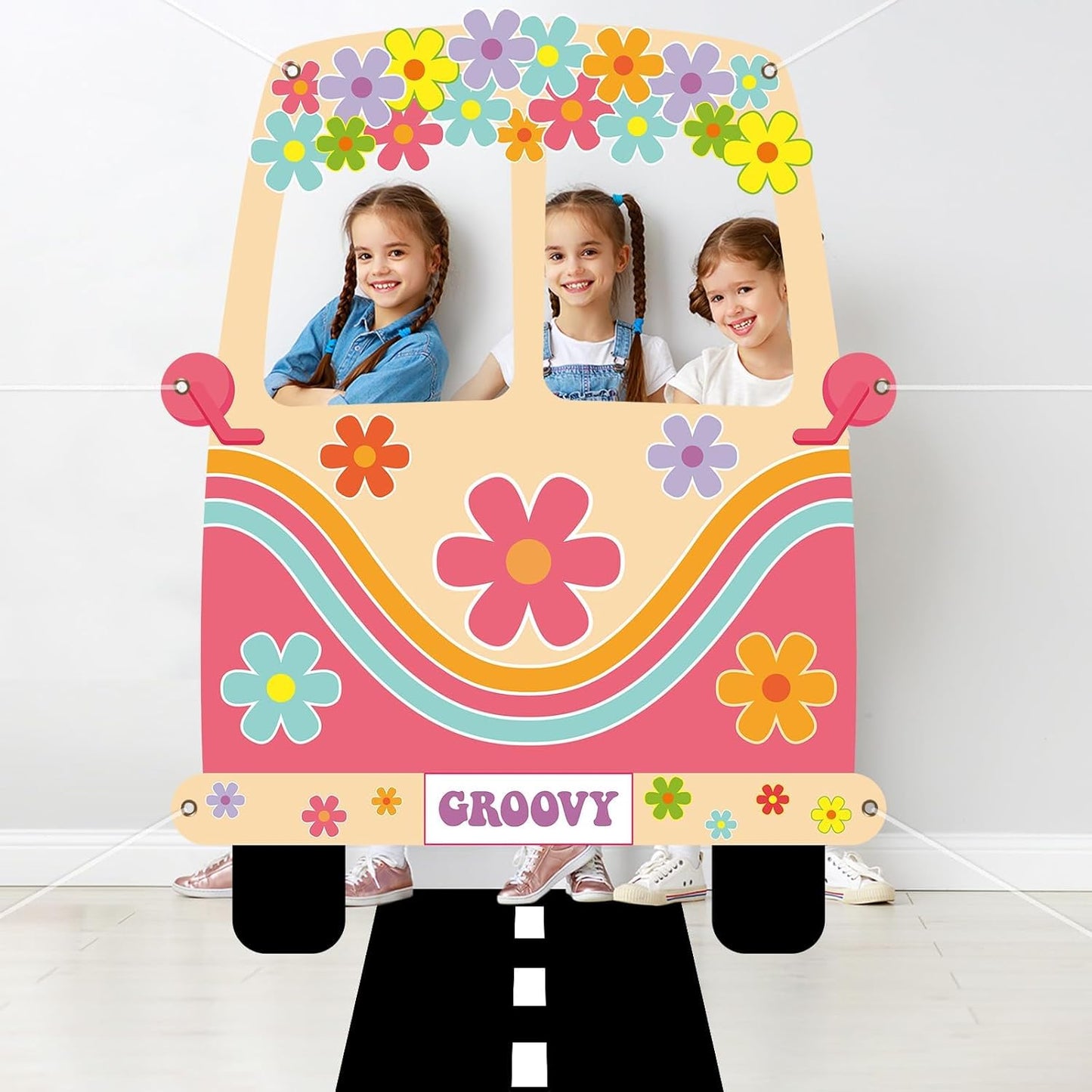 2 Pcs Hippie Bus Photo Booth Prop Road Floor Runner Set 60s 70s Retro Groovy Van Prop Large Fabric 1960s Hippie Selfie Frame Backdrop Background Banner for Daisy Birthday Party Decoration 61x47 Inch