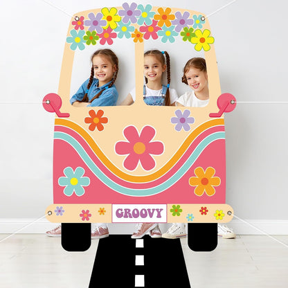 2 Pcs Hippie Bus Photo Booth Prop Road Floor Runner Set 60s 70s Retro Groovy Van Prop Large Fabric 1960s Hippie Selfie Frame Backdrop Background Banner for Daisy Birthday Party Decoration 61x47 Inch