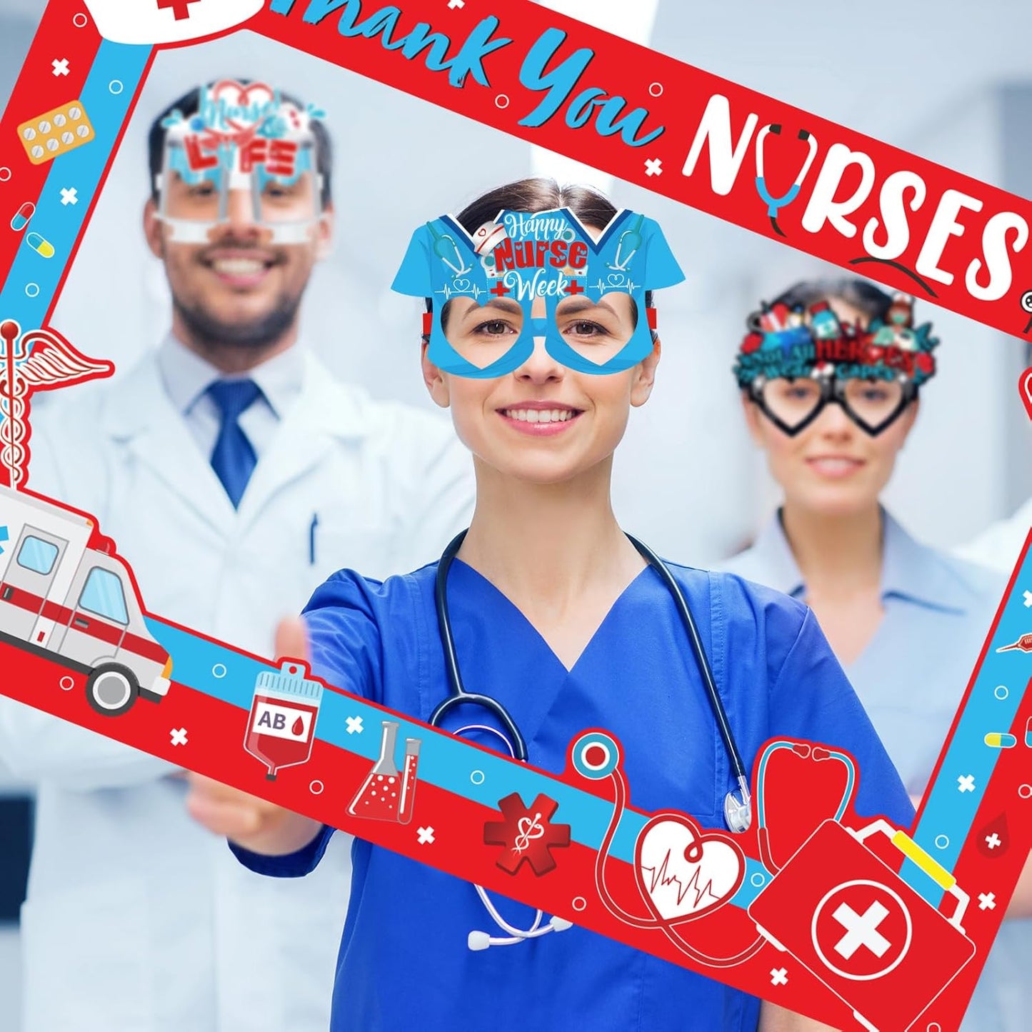 HOWAF Nurse Photo Booth Props Kit - Thank You Photo Frame with 14pcs Paper Glasses for Nurse Appreciation Week Decorations, Funny Eyeglasses
