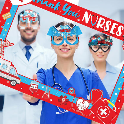 HOWAF Nurse Photo Booth Props Kit - Thank You Photo Frame with 14pcs Paper Glasses for Nurse Appreciation Week Decorations, Funny Eyeglasses