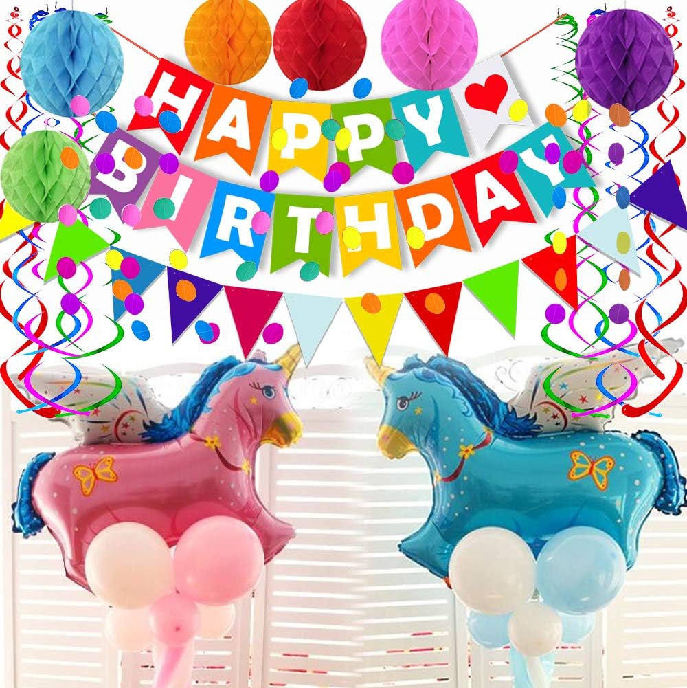 Fecedy Happy Birthday Banner With Colorful Paper Flag Bunting Paper Circle Confetti Garland Swirl Streamers Honeycomb ball for Birthday Party Decorations
