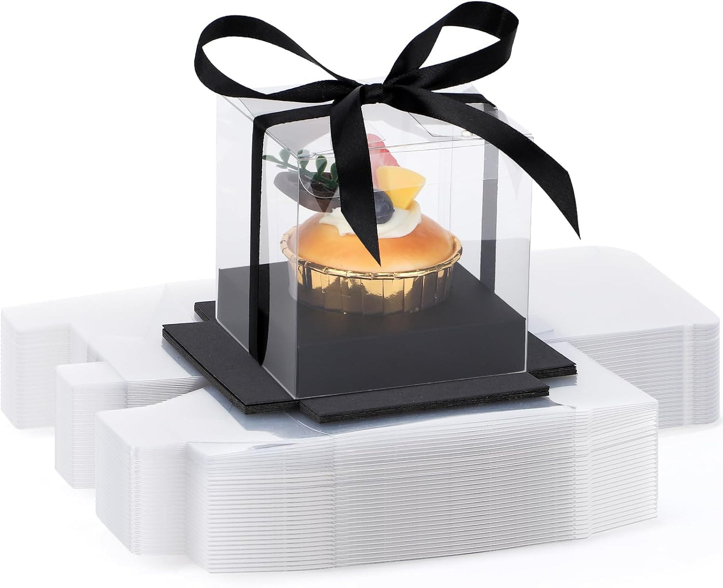 EUSOAR Individual Cupcake Holder, 50pcs 3.5 Inch Plastic Black Cupcake Containers with Lids, Single Transparent Display Clear Cupcake Carrier with Ribbon and Inserts for Wedding Party Favor