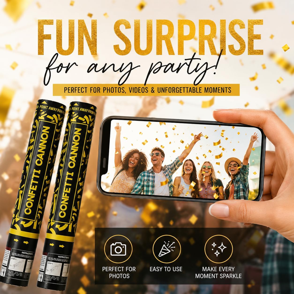 Confetti Cannon Gold Party Poppers 12 Pack Party Cannon Confetti Shooters for Celebrations Wedding Birthday Graduation Golden Foil 12 inch Confetti Poppers for Christmas New Year Eve Parties Supply