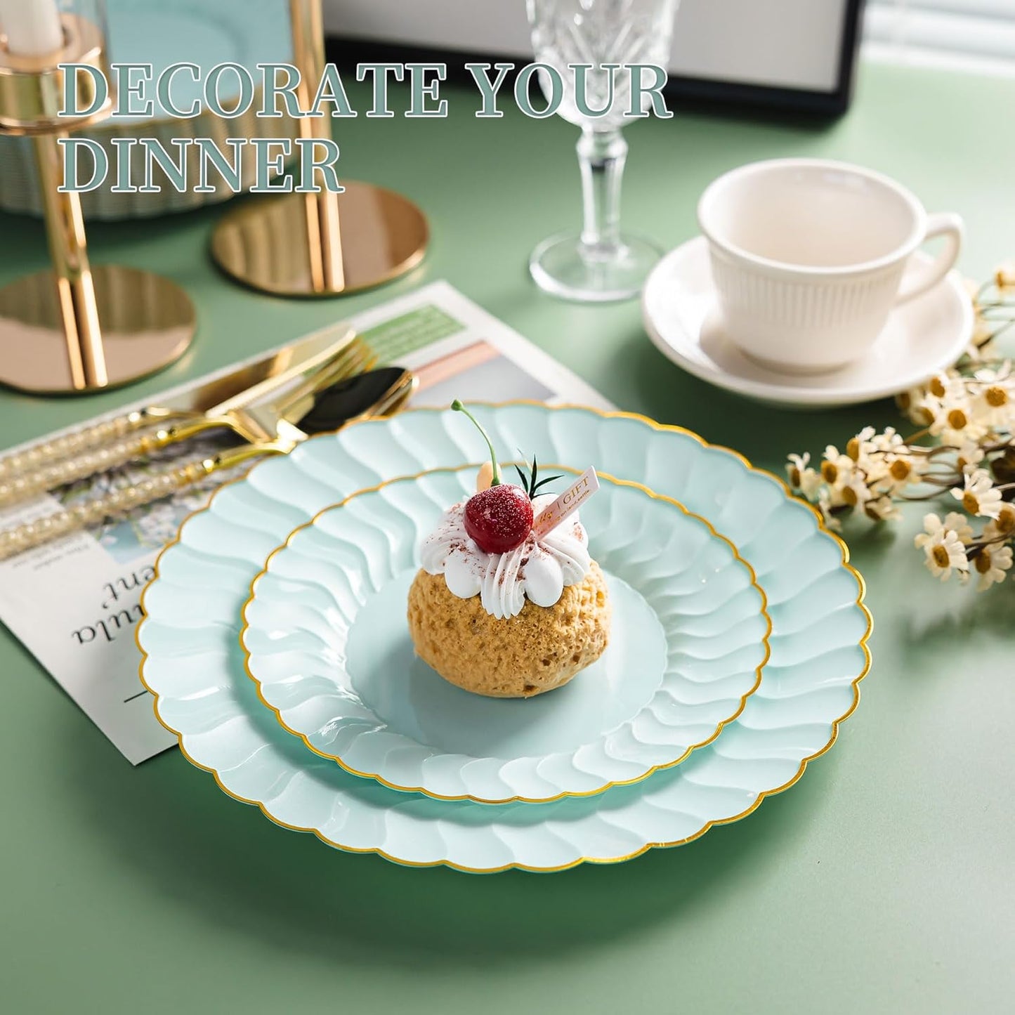 Lullaby 60PCS Ivory Scalloped Plastic Plates with Gold Rim, Disposable Elegant Plates Include 30pcs Dinner Plate 10.25", 30pcs Plastic Dessert Plate 7.5", Perfect for Wedding and Party