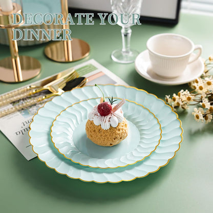Lullaby 60PCS Ivory Scalloped Plastic Plates with Gold Rim, Disposable Elegant Plates Include 30pcs Dinner Plate 10.25", 30pcs Plastic Dessert Plate 7.5", Perfect for Wedding and Party