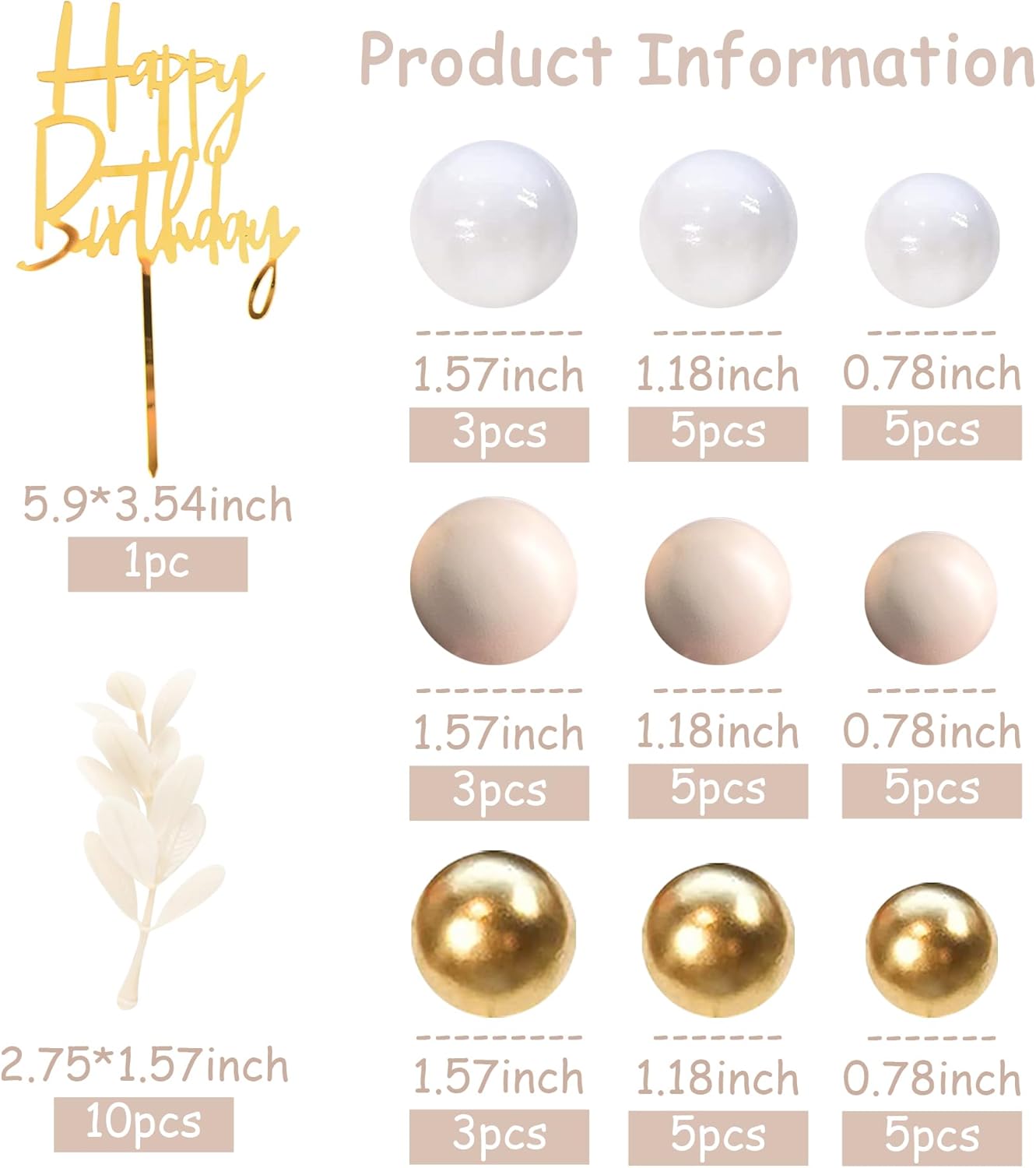 Khaki Balls Cake Topper Boho Grass Cake topper Khaki White Gold Pearl Balls Happy Birthday Cake Decorations for Wedding Birthday Boho Themed Supplies (Khaki)