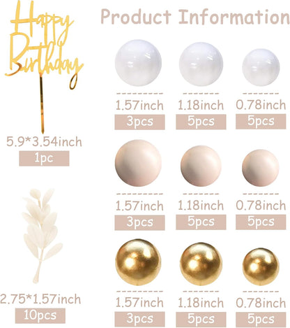 Khaki Balls Cake Topper Boho Grass Cake topper Khaki White Gold Pearl Balls Happy Birthday Cake Decorations for Wedding Birthday Boho Themed Supplies (Khaki)