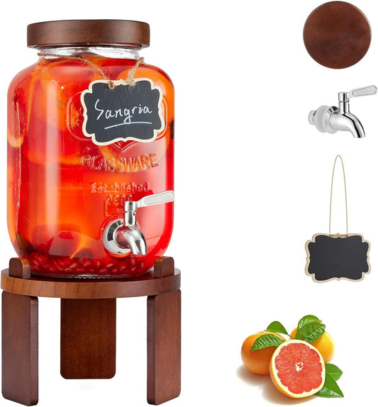 2PCS Large Drink Dispensers for Parties,Glass Beverage Dispenser with Wood Stand,Lemonade Drink Dispenser with Stainless Steel Spigot for Fridge,Water, Juice,Punch,Cocktails,Ice Tea & Sun Tea