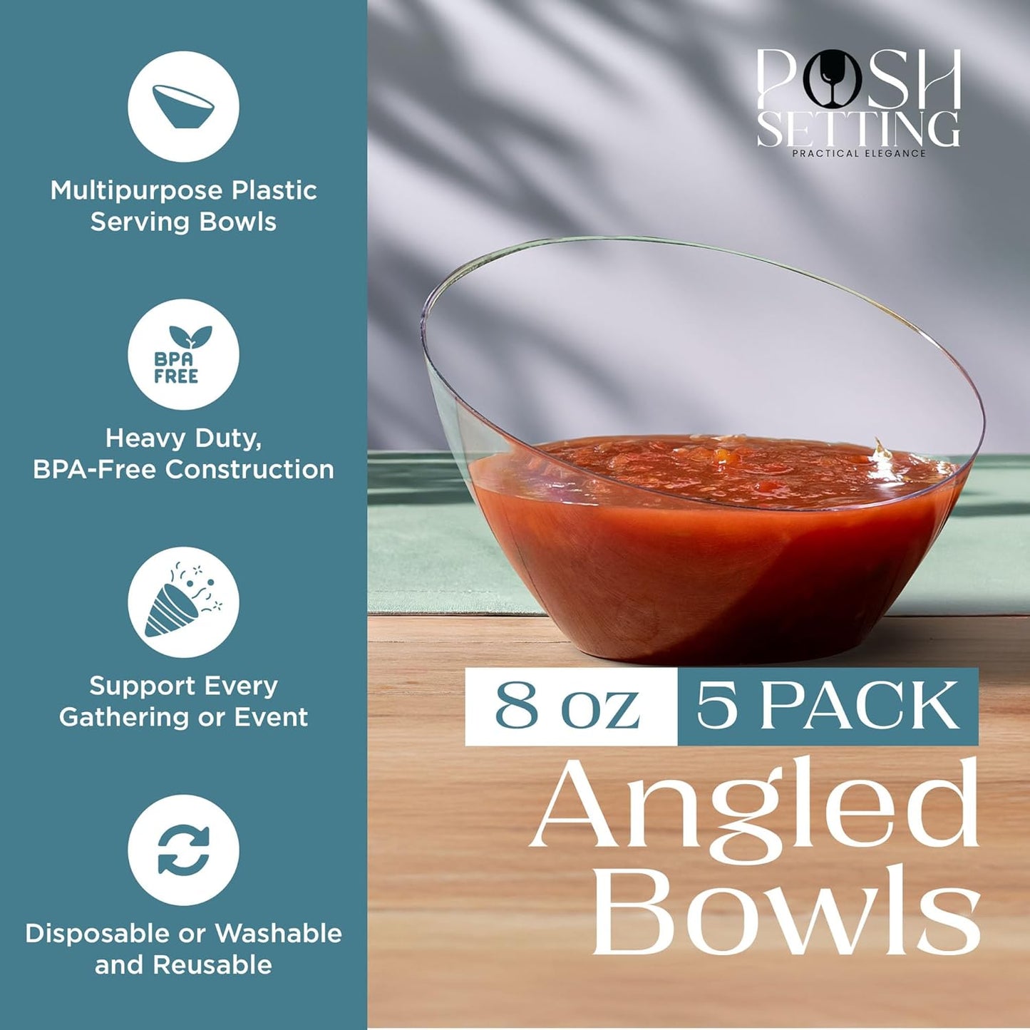 Posh Setting Crystal Clear, Disposable Premium Hard Plastic Medium Angled Bowl, Party, Salad, Snack and Fruit Bowl 5 Pack