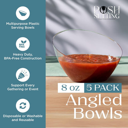 Posh Setting Crystal Clear, Disposable Premium Hard Plastic Medium Angled Bowl, Party, Salad, Snack and Fruit Bowl 5 Pack