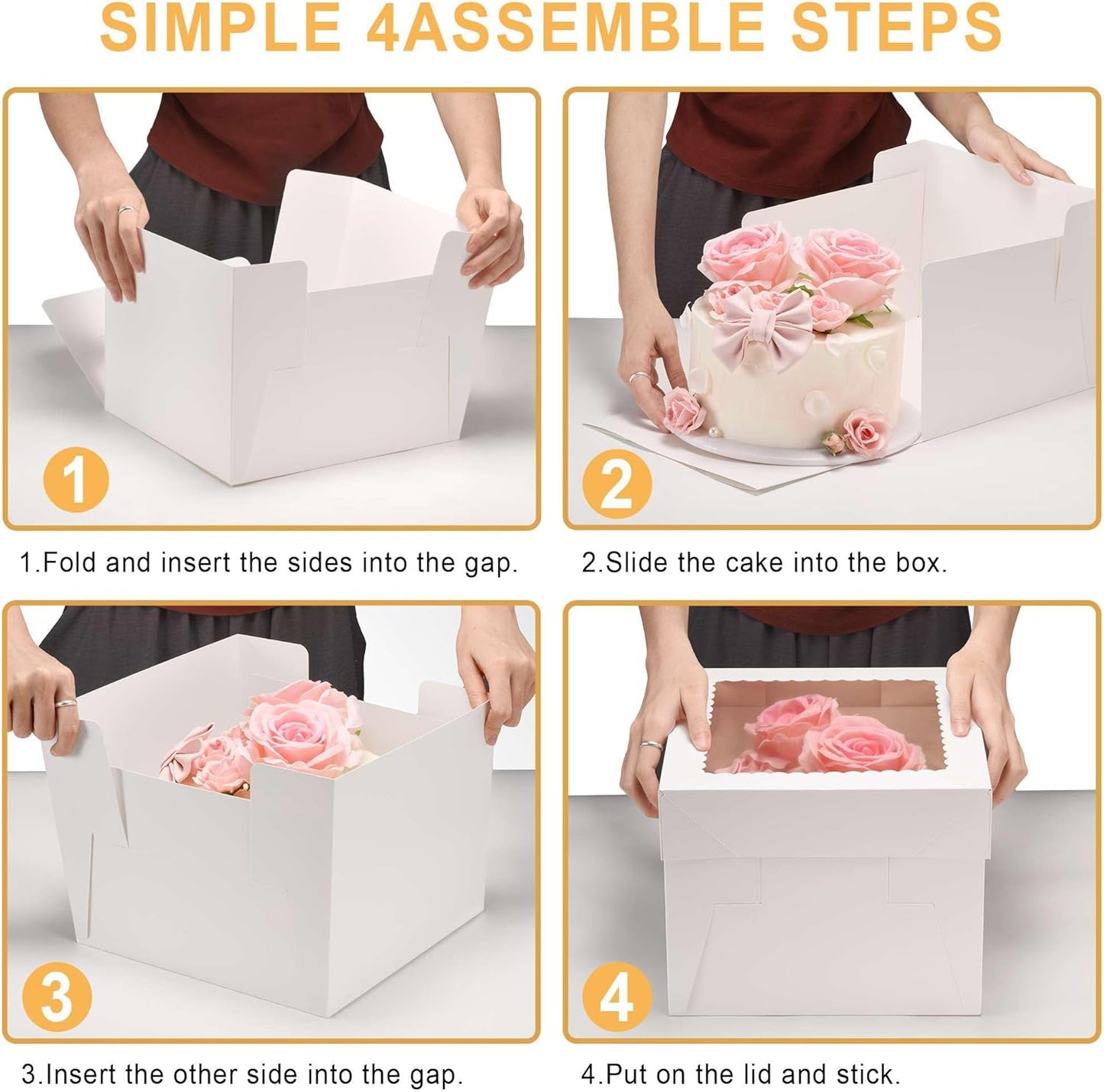 Cake Boxes with Window and Cake Boards, 8 x 8 x 8 Inches, 3 Pack, Disposable Bakery Containers for Wedding, Birthday, Party (8 inch)