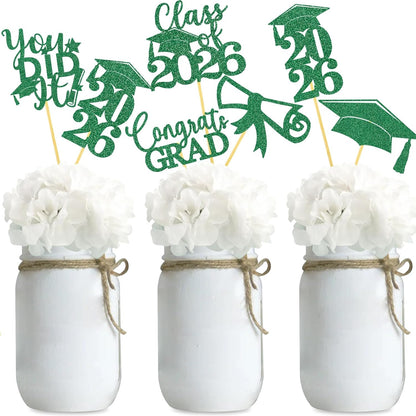 Graduation Centerpiece Sticks 24PCS Glitter Grad Picks Party Table Decor Senior High School College Sign Gold