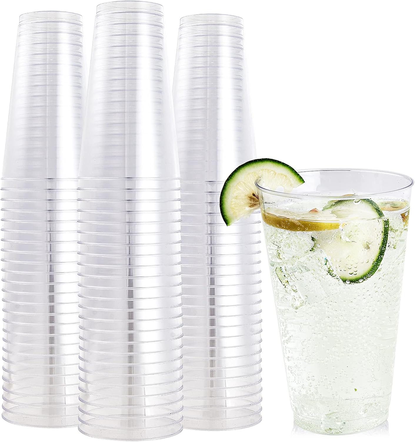 FOCUSLINE 100 Pack 14 oz Clear Plastic Cups, Disposable Cups Large Reusable Plastic Tumblers, Heavy-duty Clear Cups 14 Ounce for Wedding Party, Thanksgiving, Halloween, Christmas