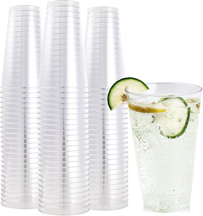 FOCUSLINE 100 Pack 14 oz Clear Plastic Cups, Disposable Cups Large Reusable Plastic Tumblers, Heavy-duty Clear Cups 14 Ounce for Wedding Party, Thanksgiving, Halloween, Christmas
