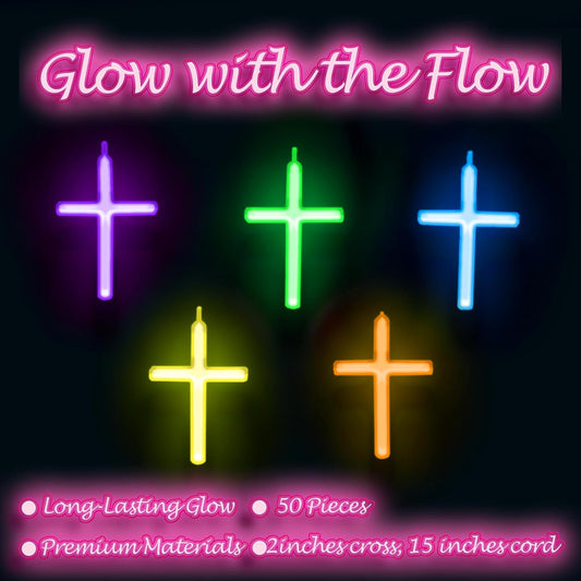 Fun Express Glow Stick Cross Necklaces - Religious Party Favors and Giveaways - VBS 2026 Vacation Bible School Supplies/Decor - 50 Pieces